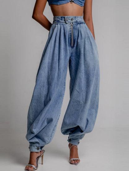 High Waist Zipper Denim Loose Harem Pants Limorista