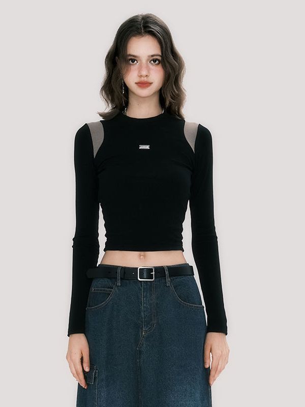 Autumn New Contrast Color Waist-controlled Long Sleeves Round Neck T-shirt Slim Top For Women Limorista