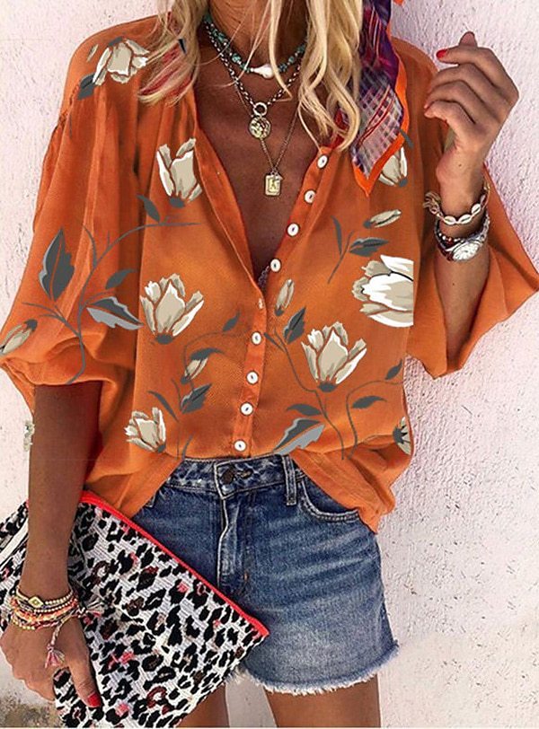 Fashion V-neck 3d Floral Printed Long-sleeved Top Limorista