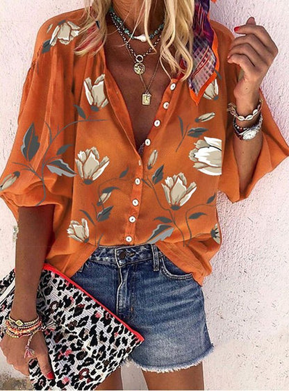 Fashion V-neck 3d Floral Printed Long-sleeved Top Limorista