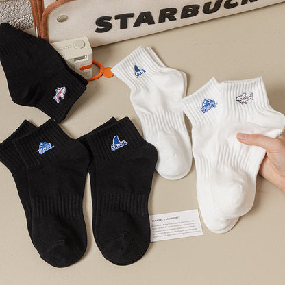 Black And White Embroidered Shark Pure Cotton Sweat Absorbing Athletic Socks Limorista