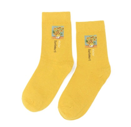 Autumn and winter retro socks personality English oil painting series in the tube socks literary abstract ladies cotton socks Limorista