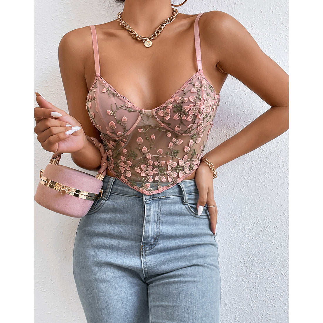 Limorista - Lace Wrap Chest Back Slim Fishbone Sky Blue Tank Top