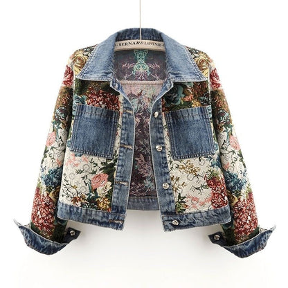 All-match Printed Patchwork Long Sleeves Lapel Denim Coat Limorista