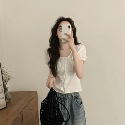 Single-breasted Lace Up Short Shirt French Small Top Limorista