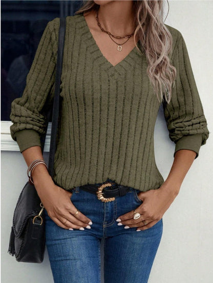 Fall V-neck Brushed Sunken Stripe Solid Color Top Women&