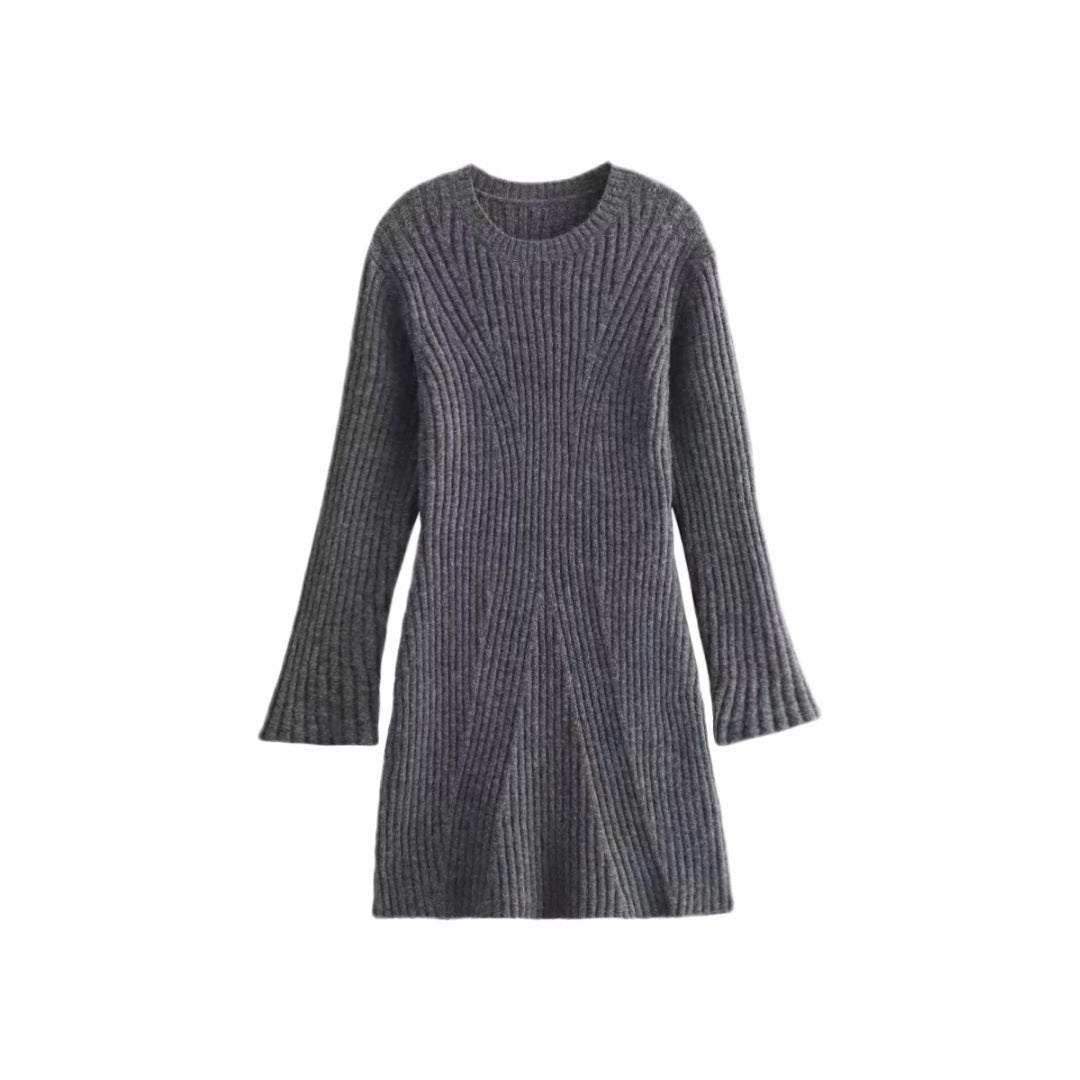 Fashion Solid Ribbed Knitted Dress Fall And Winter Slim-fit Stand-up Collar A-line Dresses Women&