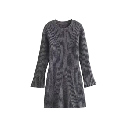 Fashion Solid Ribbed Knitted Dress Fall And Winter Slim-fit Stand-up Collar A-line Dresses Women&