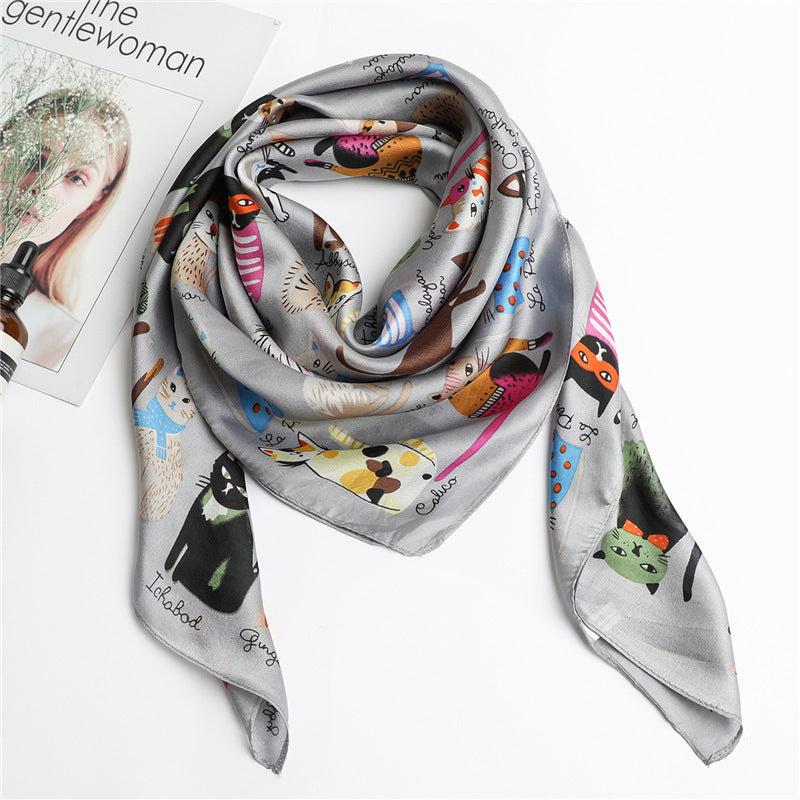 Cartoon Cat Silk Scarf  Fashion Sun Protection Limorista