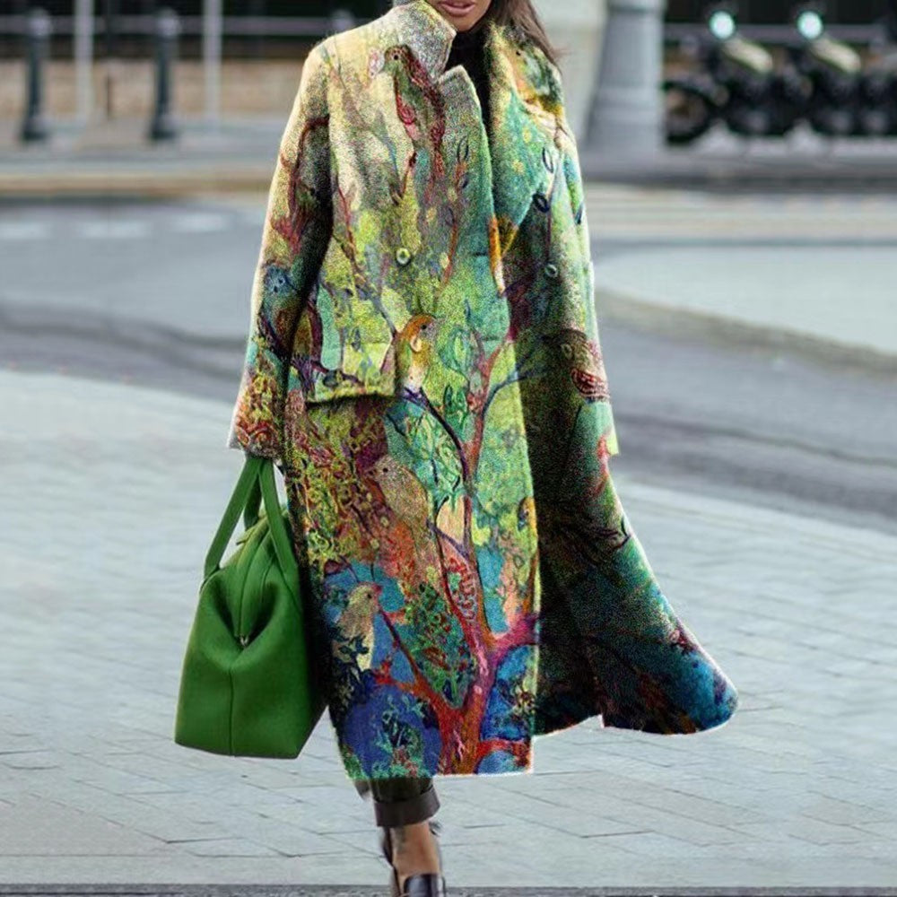 Turn-down Collar Coat Printed Woolen Long-cut Coat Limorista