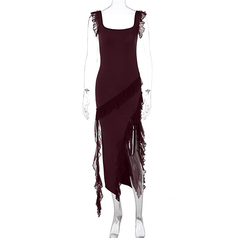 Ruffle Thigh High Split Dress Women Sexy Spaghetti Strap Square Neck Backless Suspender Dresses For Evening Praty Clothing Limorista