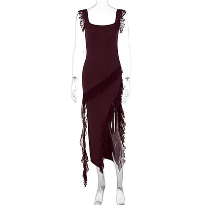 Ruffle Thigh High Split Dress Women Sexy Spaghetti Strap Square Neck Backless Suspender Dresses For Evening Praty Clothing Limorista