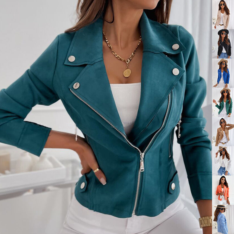 Limorista - Zip-up Lapel Jacket With Pockets Ins Fashion Long Sleeve Short Tops Women&