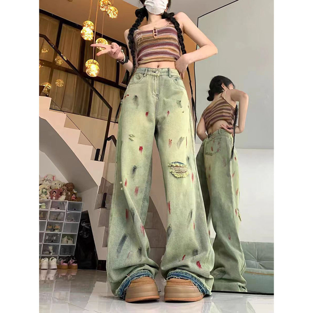 High Waist Painted Raw Edge Ripped Wide Leg Jeans For Women Loose Drape Straight Floor-length Trousers Limorista