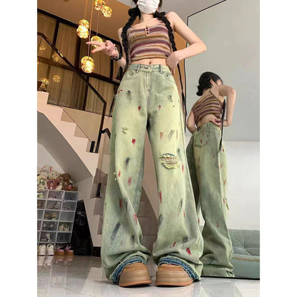 High Waist Painted Raw Edge Ripped Wide Leg Jeans For Women Loose Drape Straight Floor-length Trousers Limorista