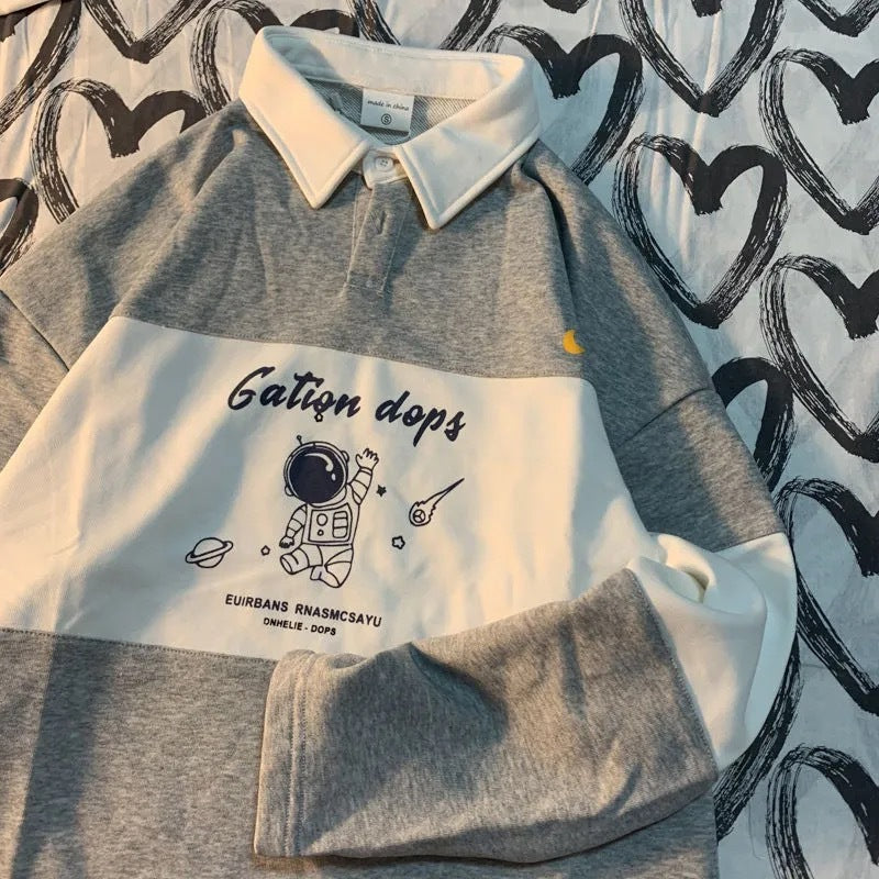 Polo Collar Astronaut Printed Sweater Women&