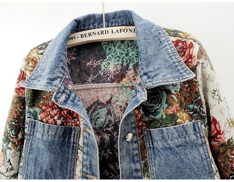 All-match Printed Patchwork Long Sleeves Lapel Denim Coat Limorista