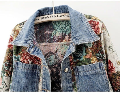All-match Printed Patchwork Long Sleeves Lapel Denim Coat Limorista