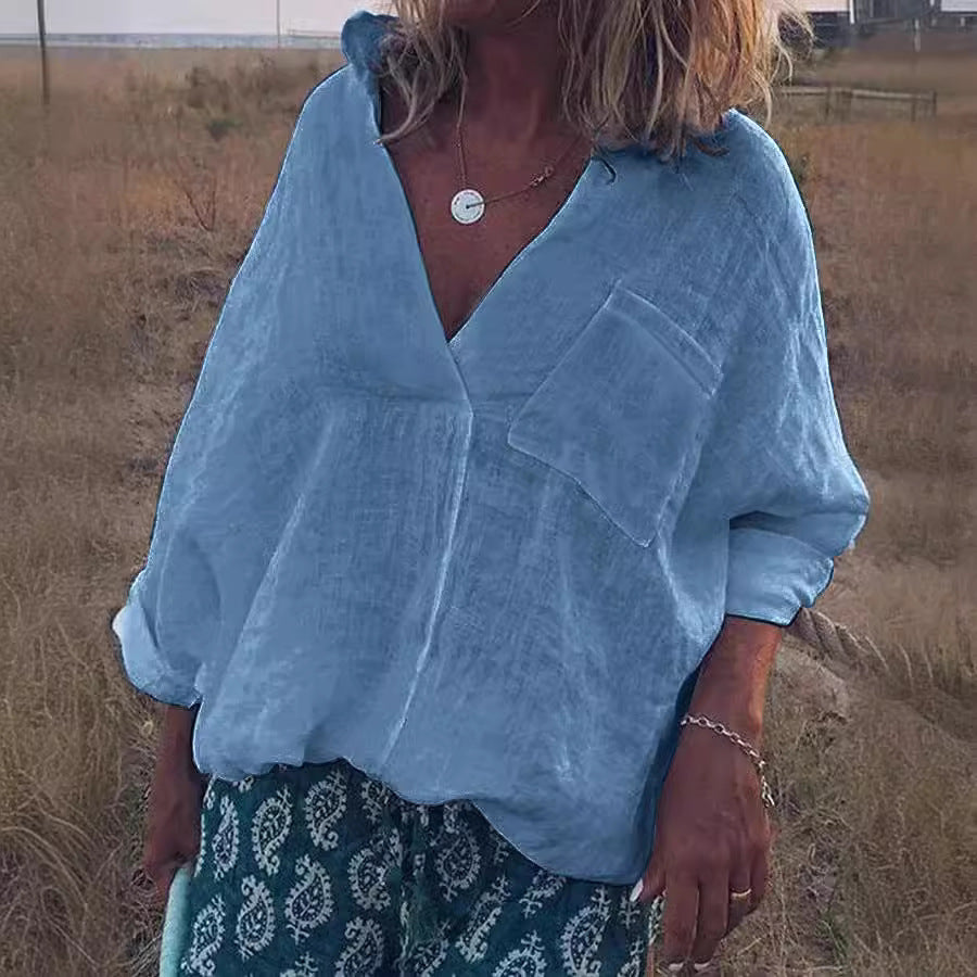 European And American V-neck Long Sleeve Shirt Pullover Women&