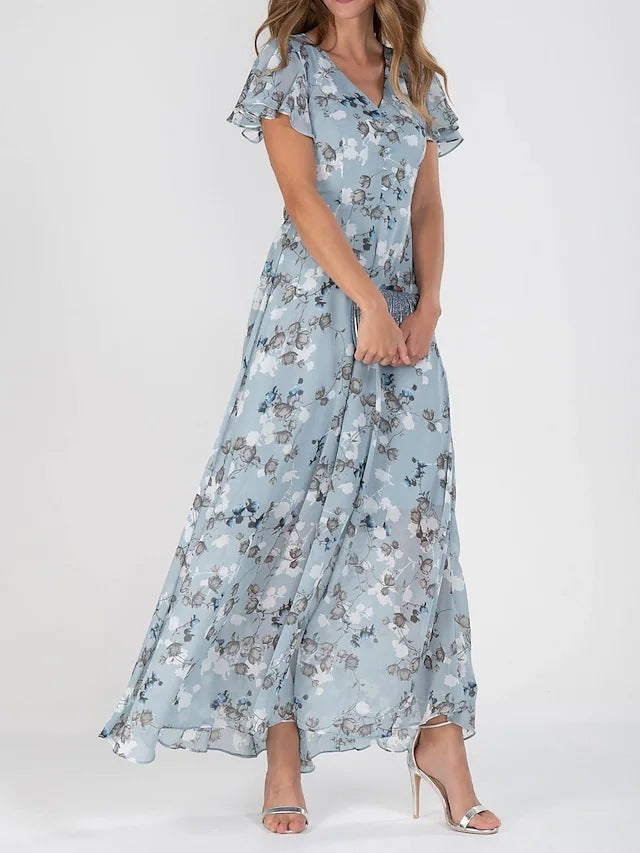 Flowers Print Short Sleeve Dress Summer Fashion Ruffle Beach Dresses Women&