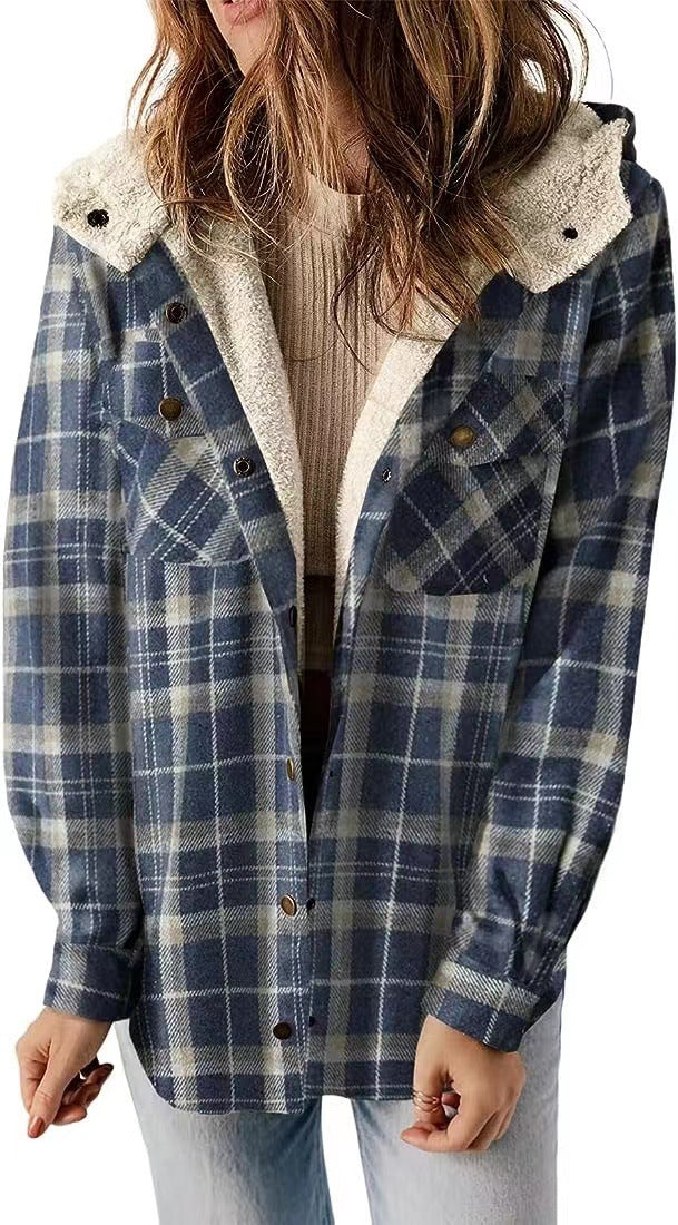 Casual Plaid Hooded Woolen Coat Thickened Fleece-lined Warm Jacket Limorista