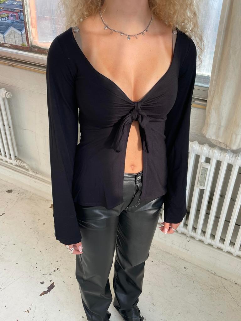 Knitted Stretch Solid Color Pullover Twisted Butterfly Long Sleeve V-neck Top Limorista