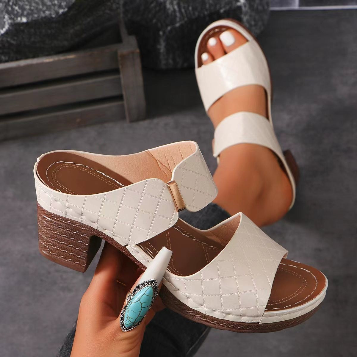 Chunky Heel Sandals Summer Round Toe Plaid Slides Slippers Fashion Outdoor High Heels Shoes For Women Limorista