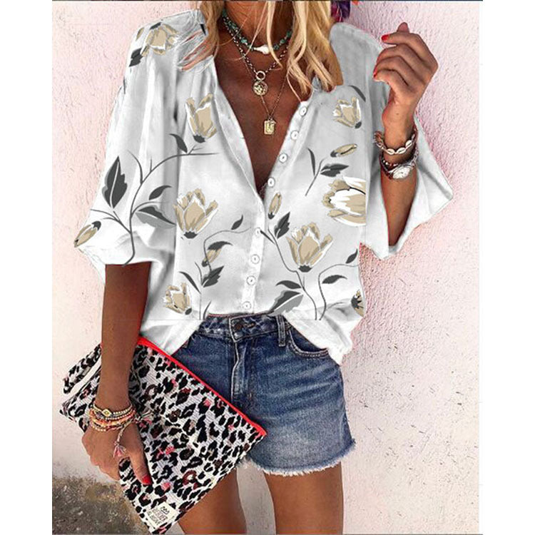 Flower Printed Nine-Sleeve Top Loose Casual Shirt Limorista