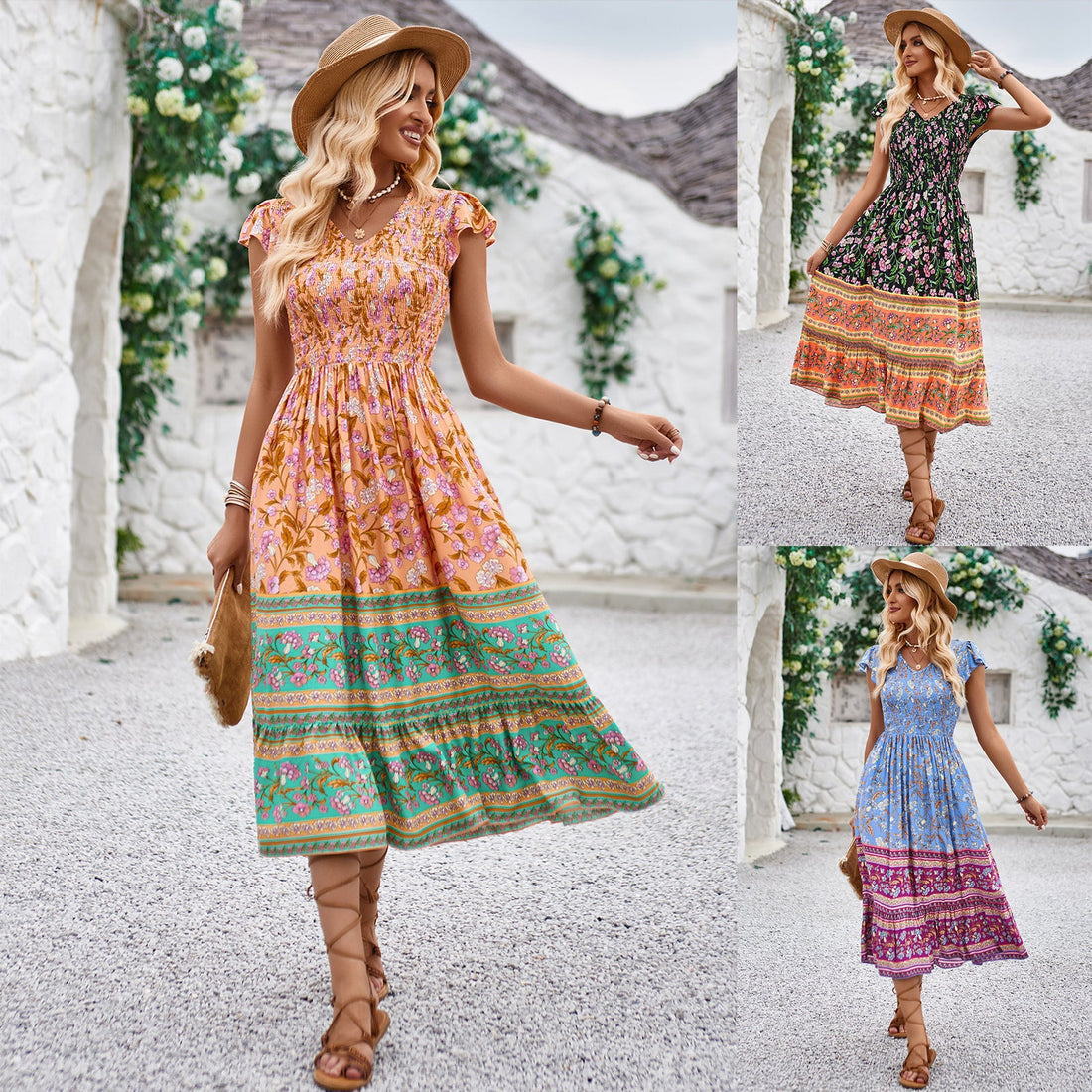 New Flowers Print V-neck Dress Summer Casual Ruffle Sleeveless Dresses Bohemian Holiday Beach Dress For Womens Clothing Limorista