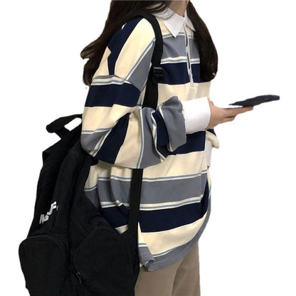 Spring And Autumn Idle Style Striped Loose Collar Sweater Limorista