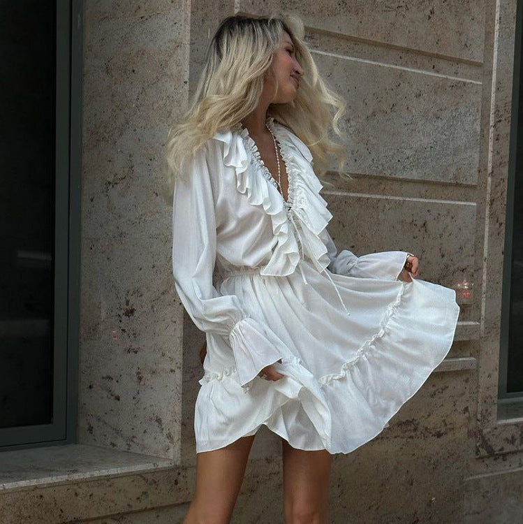 Fashion V Neck Pleated Ruffle Long Sleeve Dress Y2K V Neck Flared Sleeve Short Dress Women&