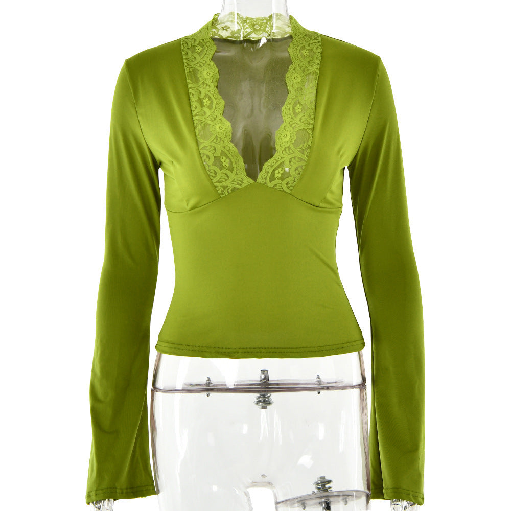 Bottoming Shirt Long Sleeve Slim Fit V-neck Stitching Lace Lace-collared Blouse Limorista