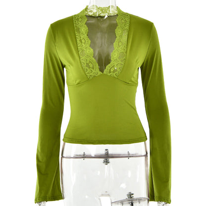 Bottoming Shirt Long Sleeve Slim Fit V-neck Stitching Lace Lace-collared Blouse Limorista