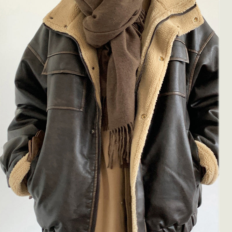 Retro Neutral Maillard Lamb Fur Coat Loose Leather Jacket Coat Limorista