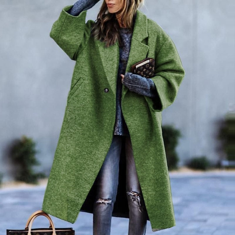 Autumn And Winter Long Woolen Color Temperament Commute No Belt Lapel Loose Woolen Green Coat Limorista