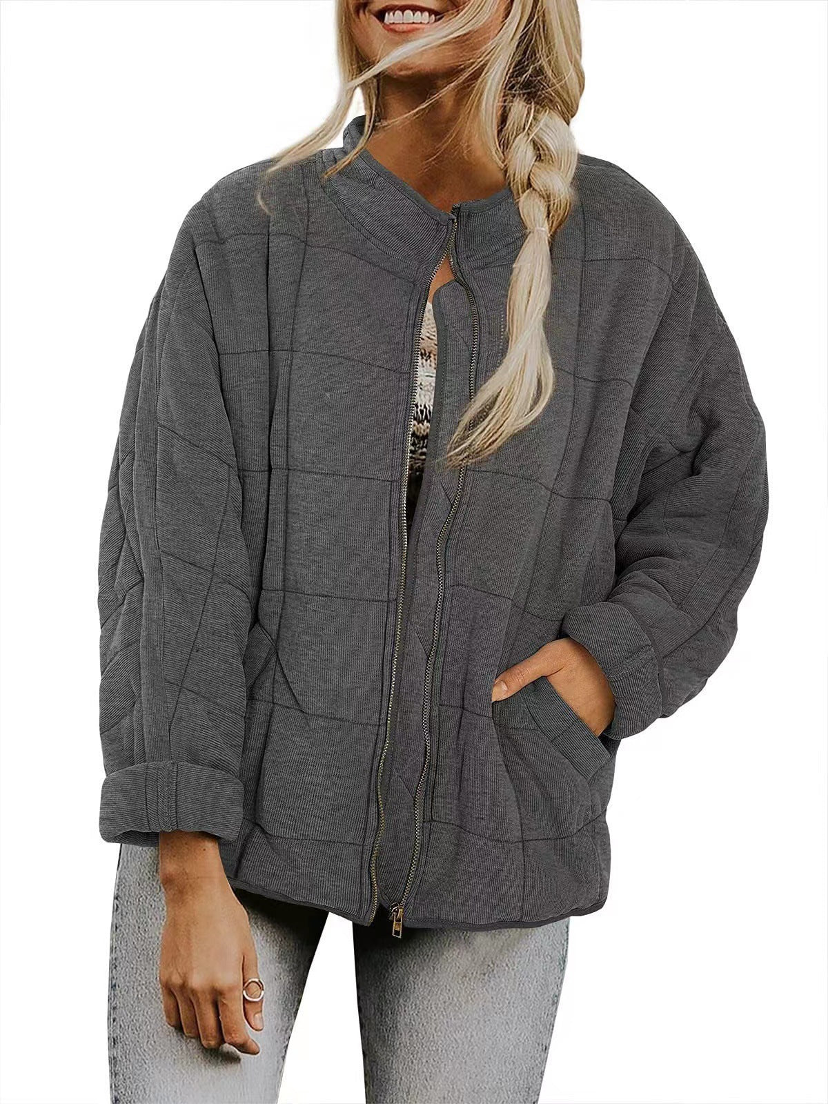 Solid Color Stand Collar Cotto With Loose Pockets Long Sleeved Jacket Women Limorista