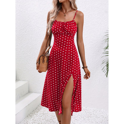New Polka Dot Print Suspender Dress Summer Sexy Split Long Dresses For Womens Clothing Limorista