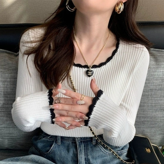 Limorista - French Style Classic Style Bell Sleeve Wooden Ear Knitted Sweater