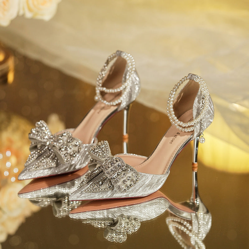 Rhinestone Bow Pointy Hollow Pearl Heels Limorista