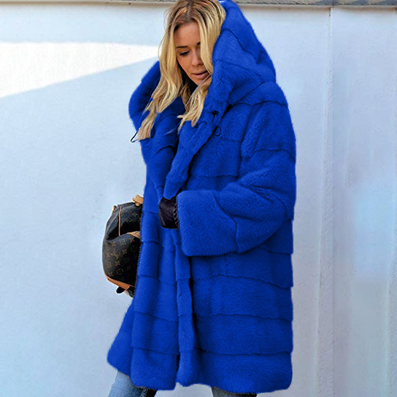 Solid Color Loose Plush Hooded Coatimitation Fur Limorista