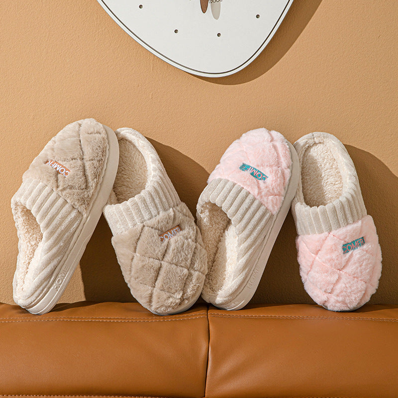 Solid Rhombic Letter Home Slippers Winter Warm Non-slip Floor Bedroom Plush Slipper For Couple House Shoes Women Men Limorista