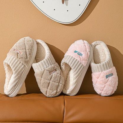 Solid Rhombic Letter Home Slippers Winter Warm Non-slip Floor Bedroom Plush Slipper For Couple House Shoes Women Men Limorista