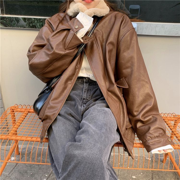 Zipper Retro Fashion Elegance Leather Coat Women&