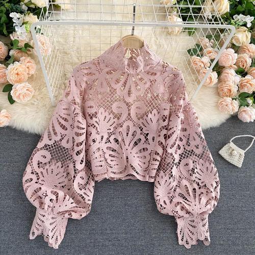Design Sense Lace Hollow Top Stand-up Collar Puff Sleeve Loose Shirt Limorista