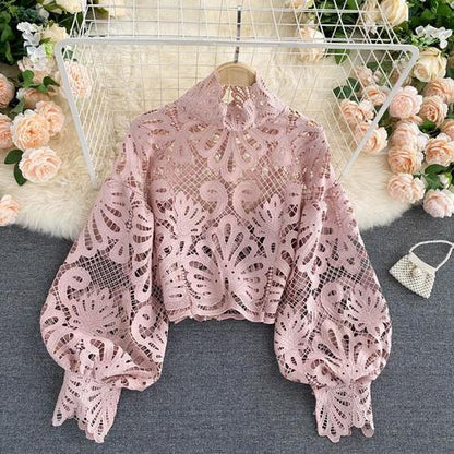 Design Sense Lace Hollow Top Stand-up Collar Puff Sleeve Loose Shirt Limorista