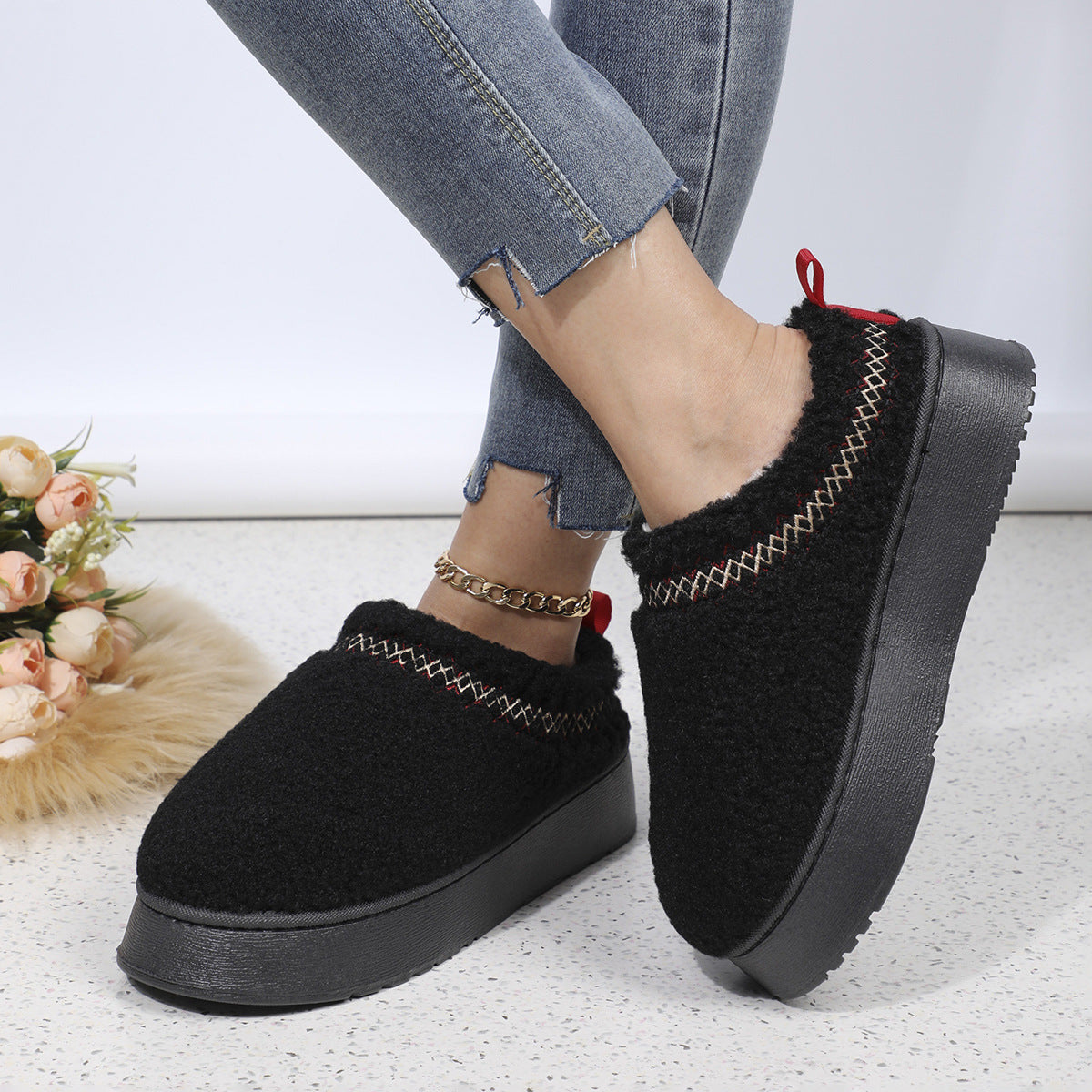 New Ethnic Style Sewing-edge Plush Slippers Winter Indoor Floor Thick-soled Slipper Fashion Outdoor Warm Garden Shoes Limorista