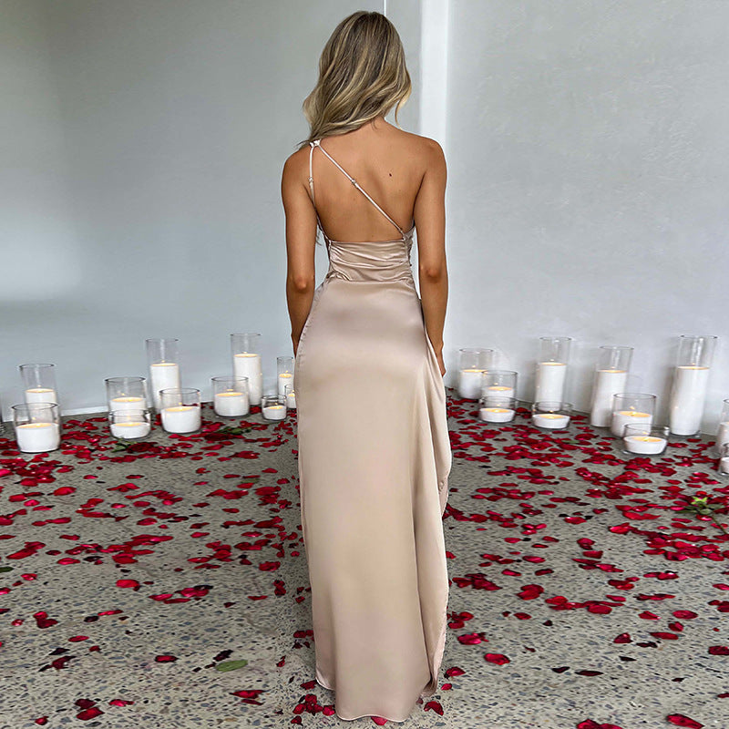 Sexy One-shoulder Backless Slit Dress Summer Elegant Slim-fit Solid Color Satin Dresses For Women Limorista