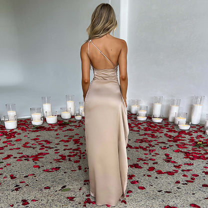 Sexy One-shoulder Backless Slit Dress Summer Elegant Slim-fit Solid Color Satin Dresses For Women Limorista