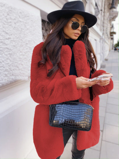 Temperament Long Sleeve Lapel Faux Fur Coat Solid Color Coat Women Fur Fur Women&
