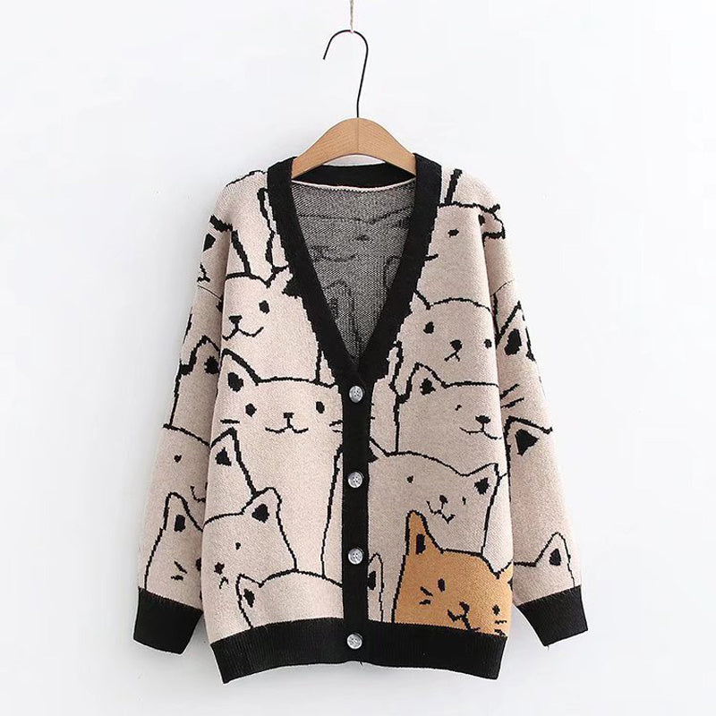Sweet Outer Wear Knitted Jacquard Full-body Cartoon Cat Single-breasted Cardigan Sweater Limorista